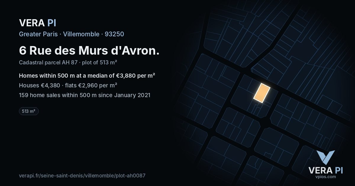 6 Rue des Murs d'Avron, Villemomble at night – the plot lit, the parcels around coloured by the prices near them