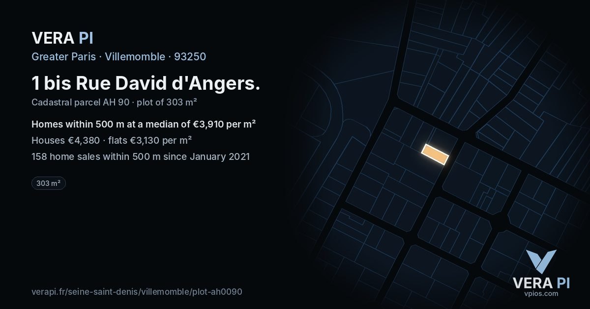 1 bis Rue David d'Angers, Villemomble at night – the plot lit, the parcels around coloured by the prices near them
