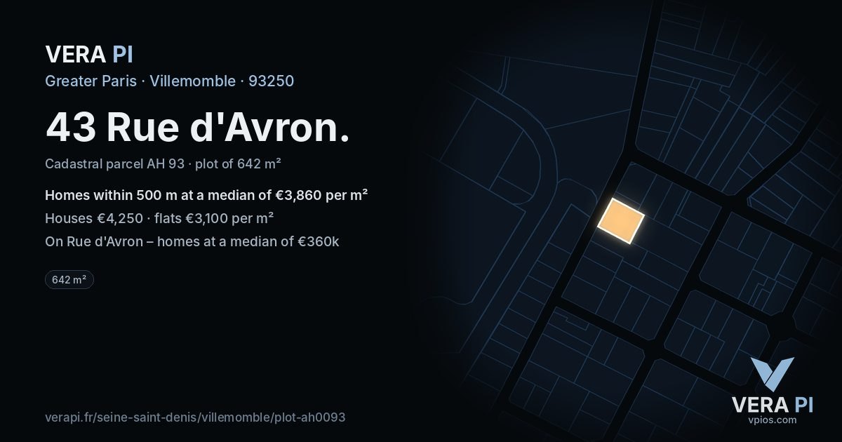 43 Rue d'Avron, Villemomble at night – the plot lit, the parcels around coloured by the prices near them