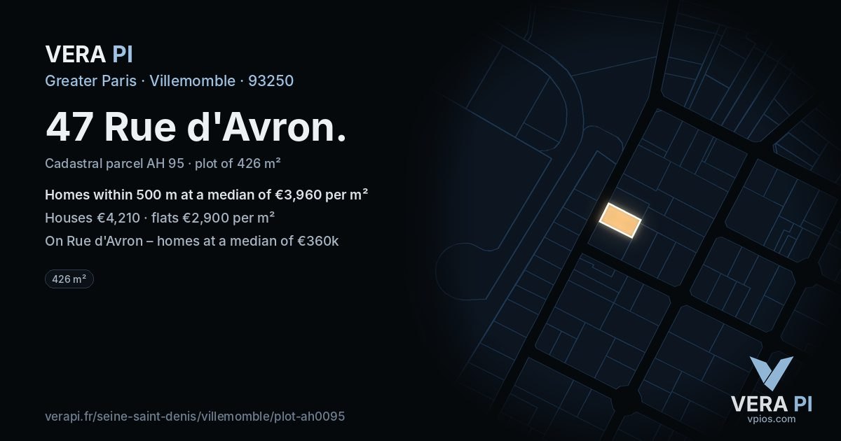 47 Rue d'Avron, Villemomble at night – the plot lit, the parcels around coloured by the prices near them