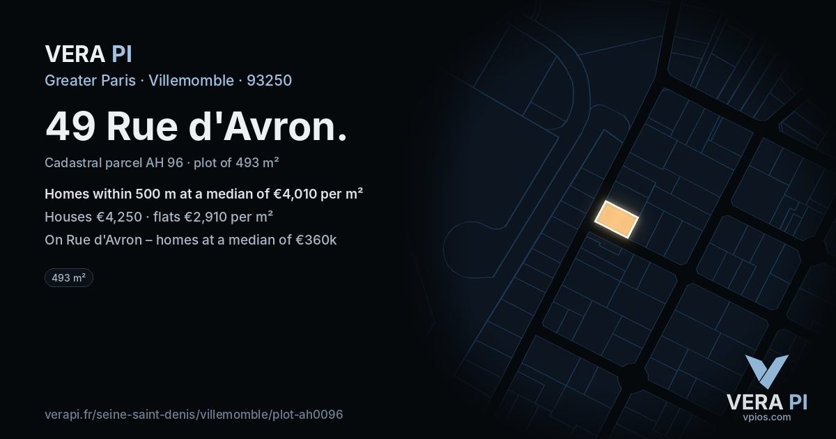 49 Rue d'Avron, Villemomble at night – the plot lit, the parcels around coloured by the prices near them