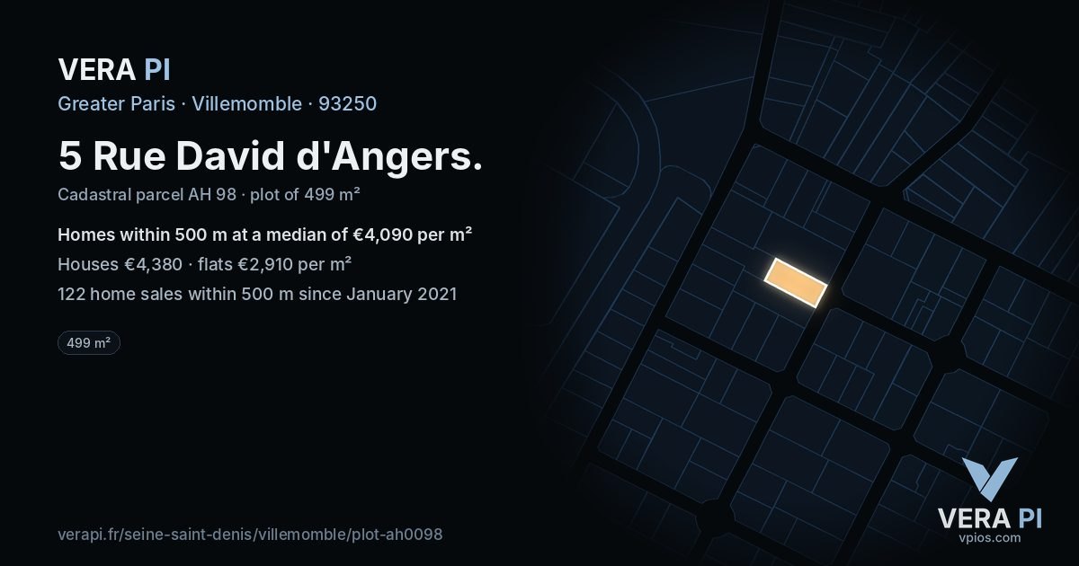 5 Rue David d'Angers, Villemomble at night – the plot lit, the parcels around coloured by the prices near them