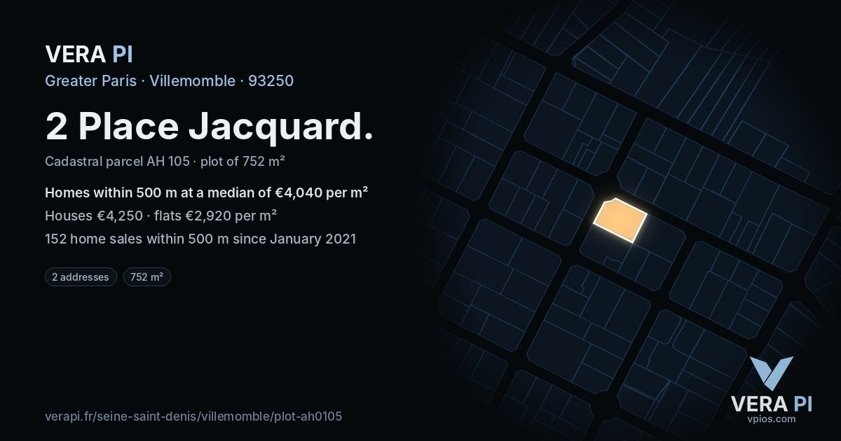2 Place Jacquard, Villemomble at night – the plot lit, the parcels around coloured by the prices near them