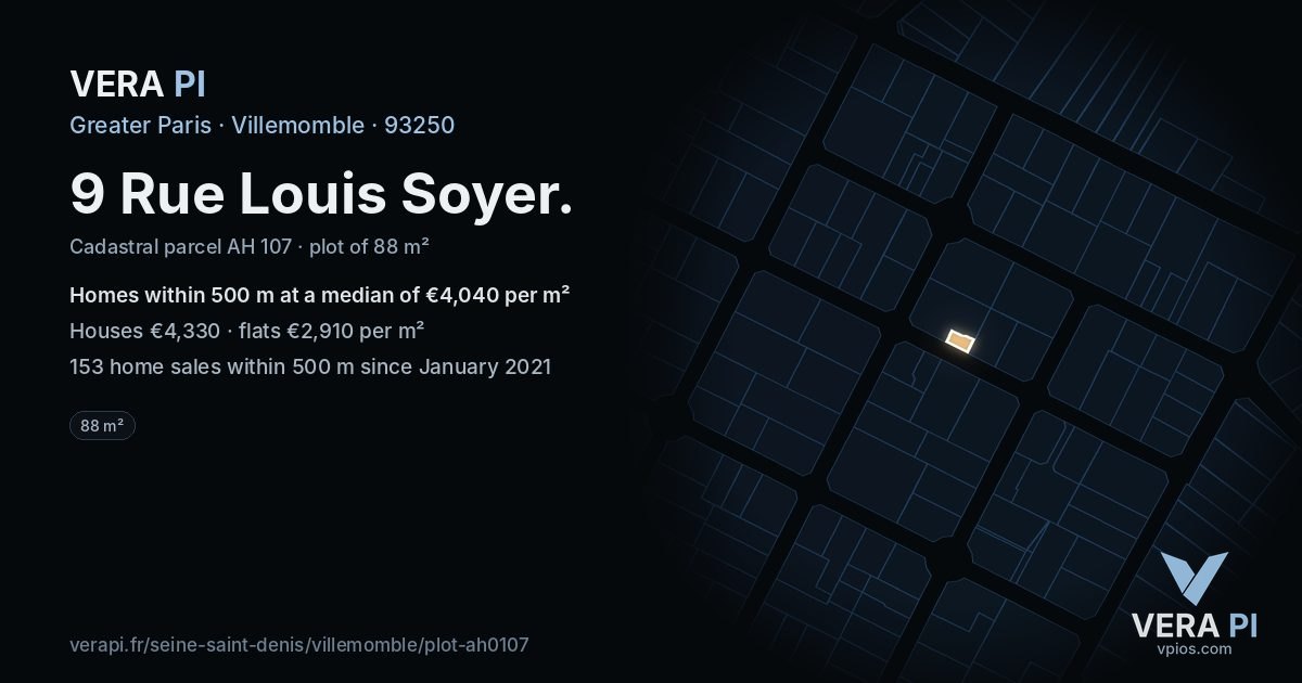 9 Rue Louis Soyer, Villemomble at night – the plot lit, the parcels around coloured by the prices near them