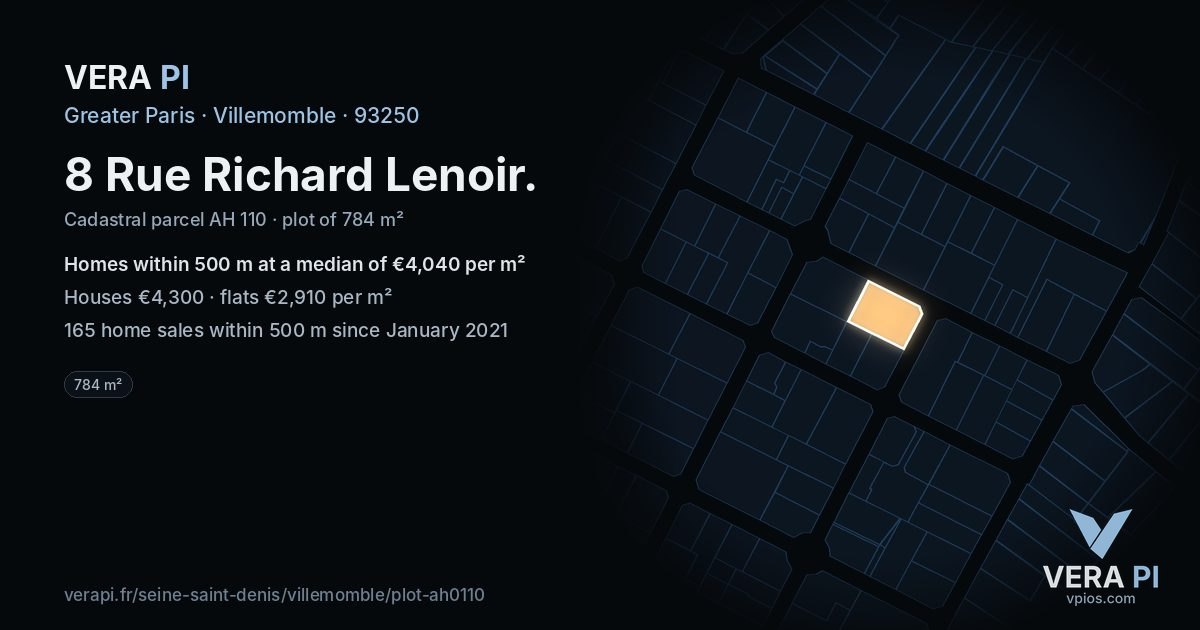 8 Rue Richard Lenoir, Villemomble at night – the plot lit, the parcels around coloured by the prices near them