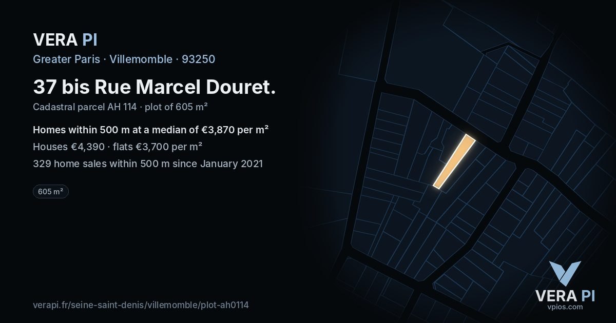 37 bis Rue Marcel Douret, Villemomble at night – the plot lit, the parcels around coloured by the prices near them