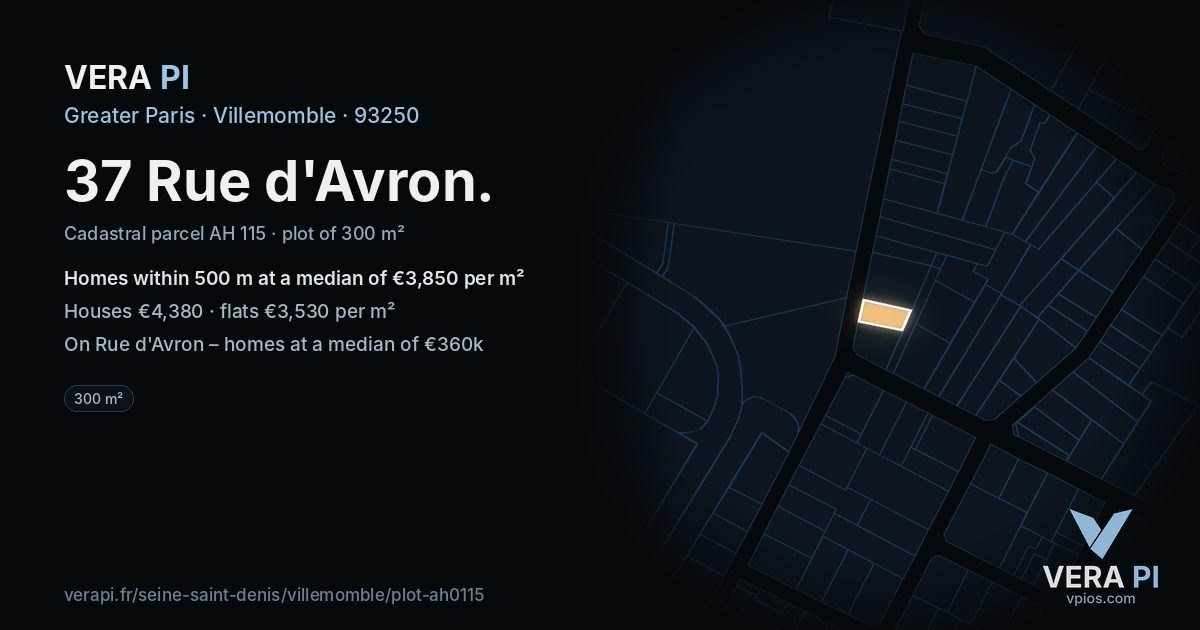 37 Rue d'Avron, Villemomble at night – the plot lit, the parcels around coloured by the prices near them