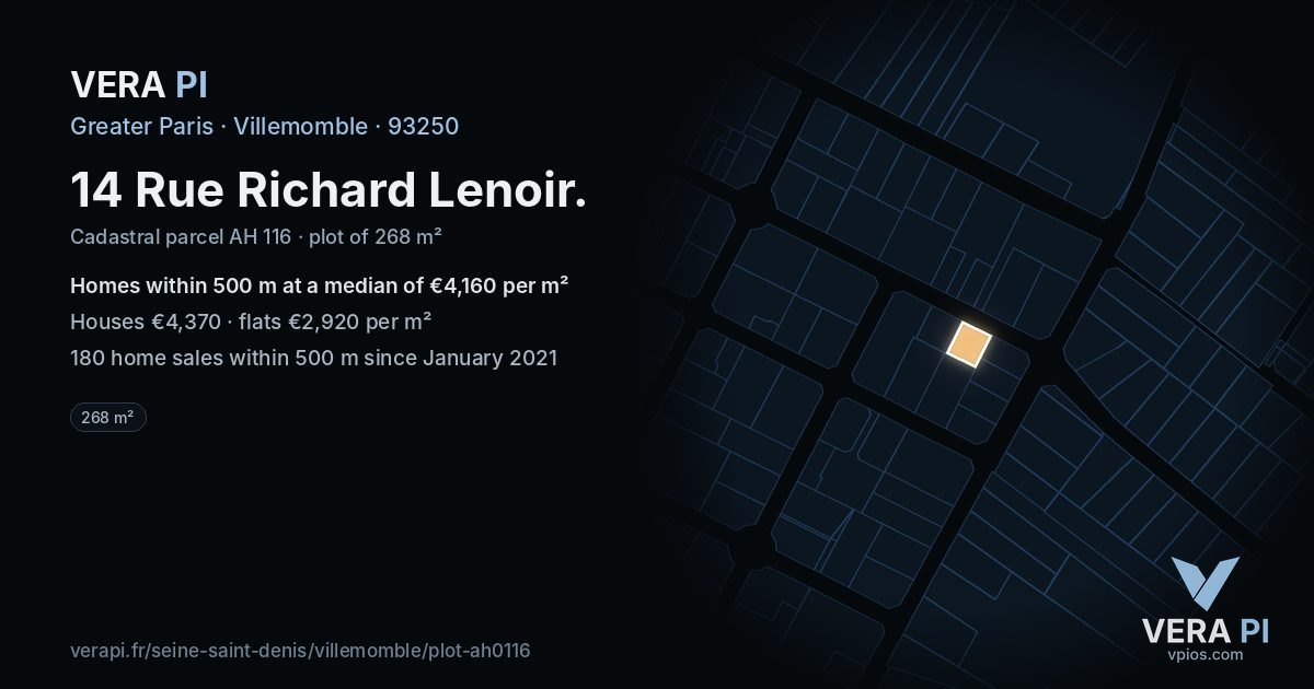 14 Rue Richard Lenoir, Villemomble at night – the plot lit, the parcels around coloured by the prices near them