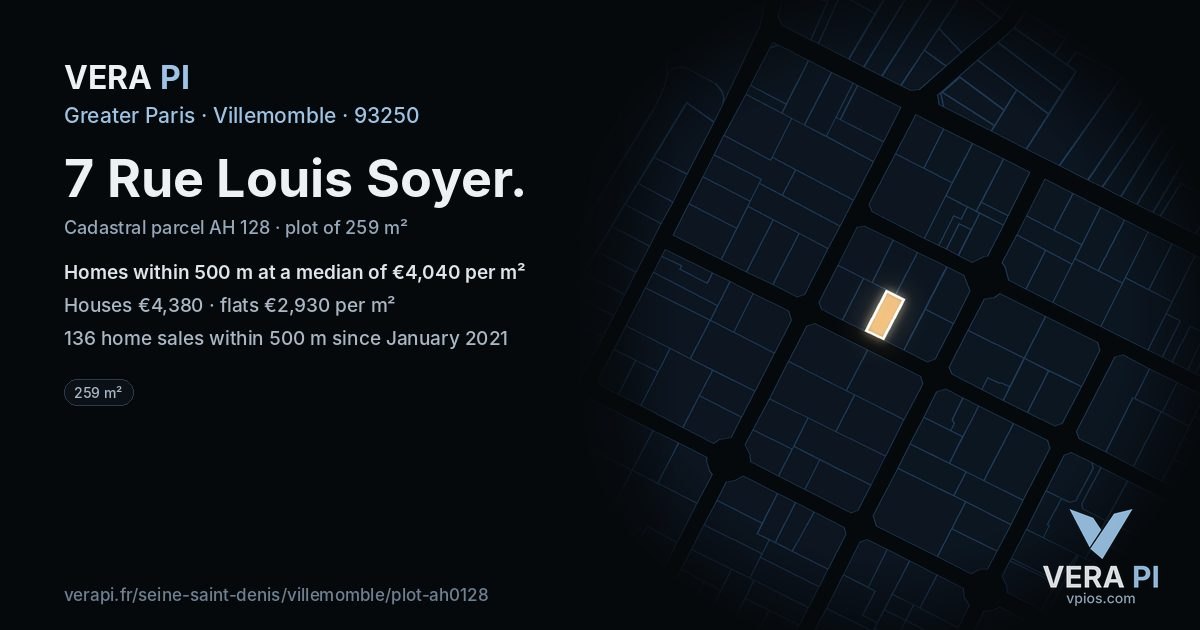 7 Rue Louis Soyer, Villemomble at night – the plot lit, the parcels around coloured by the prices near them