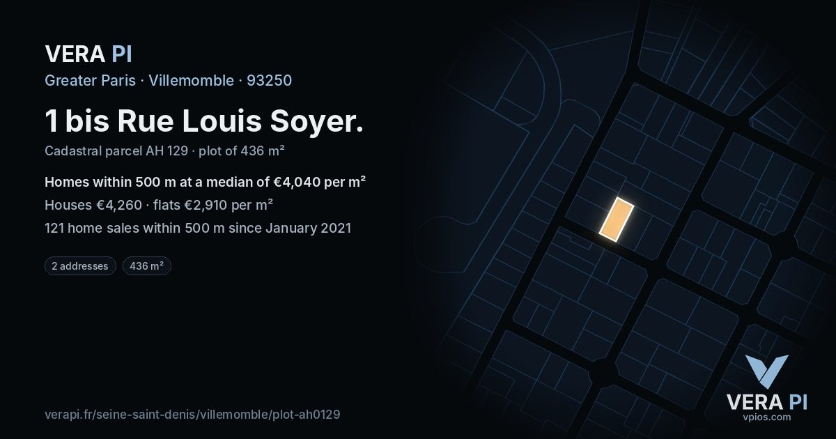 1 bis Rue Louis Soyer, Villemomble at night – the plot lit, the parcels around coloured by the prices near them