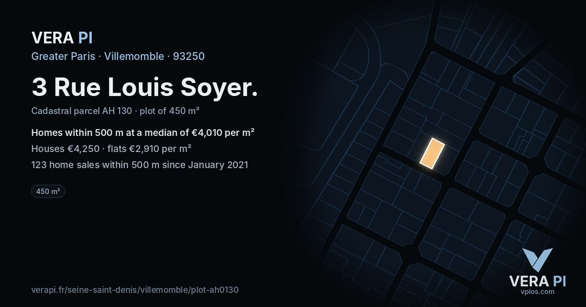 3 Rue Louis Soyer, Villemomble at night – the plot lit, the parcels around coloured by the prices near them