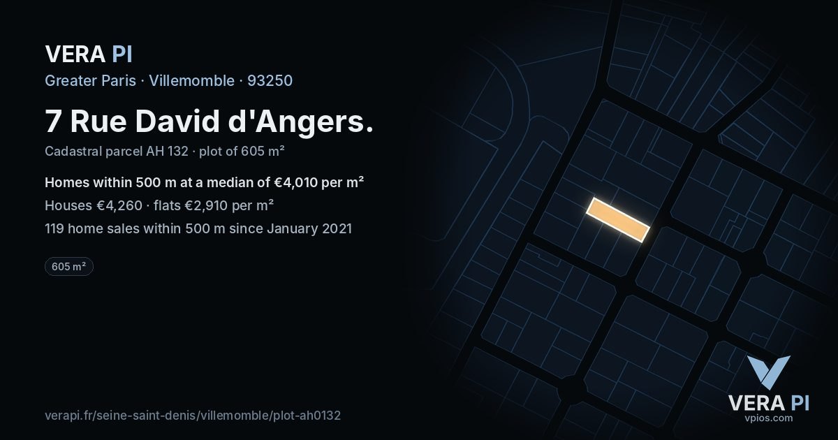 7 Rue David d'Angers, Villemomble at night – the plot lit, the parcels around coloured by the prices near them