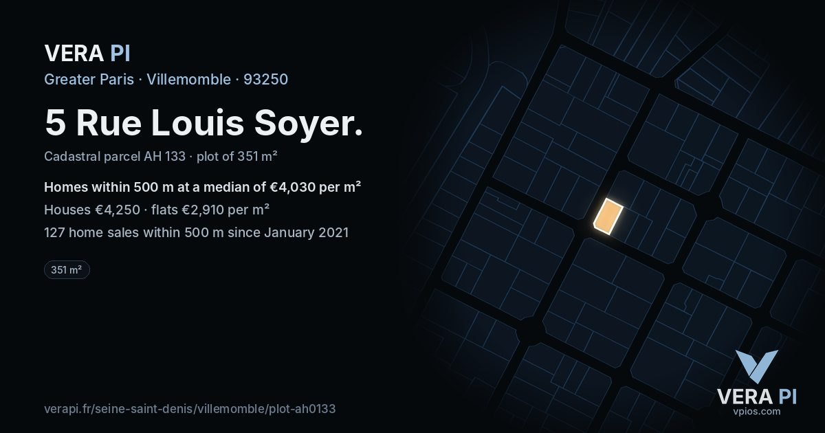 5 Rue Louis Soyer, Villemomble at night – the plot lit, the parcels around coloured by the prices near them