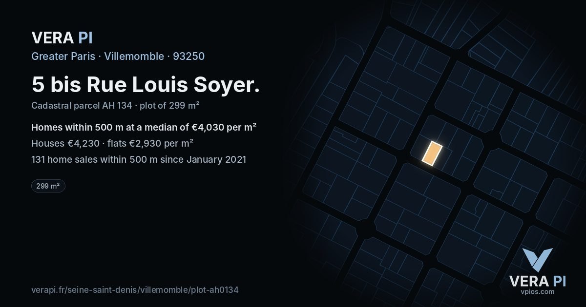 5 bis Rue Louis Soyer, Villemomble at night – the plot lit, the parcels around coloured by the prices near them