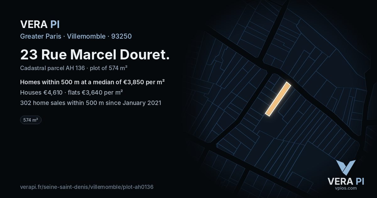 23 Rue Marcel Douret, Villemomble at night – the plot lit, the parcels around coloured by the prices near them