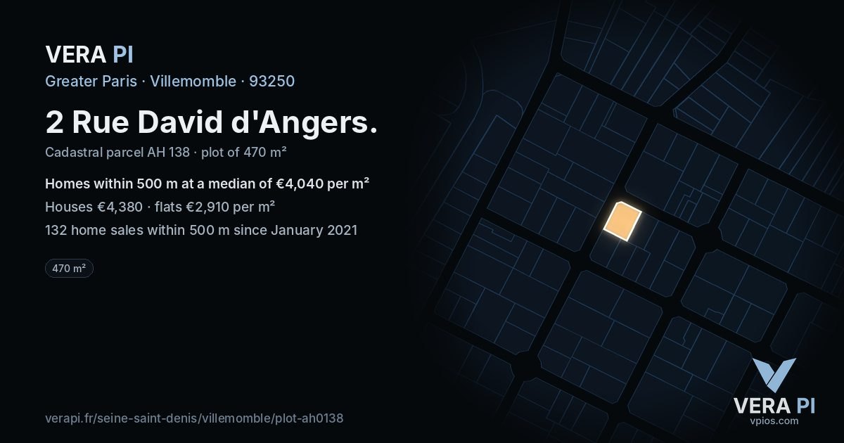 2 Rue David d'Angers, Villemomble at night – the plot lit, the parcels around coloured by the prices near them