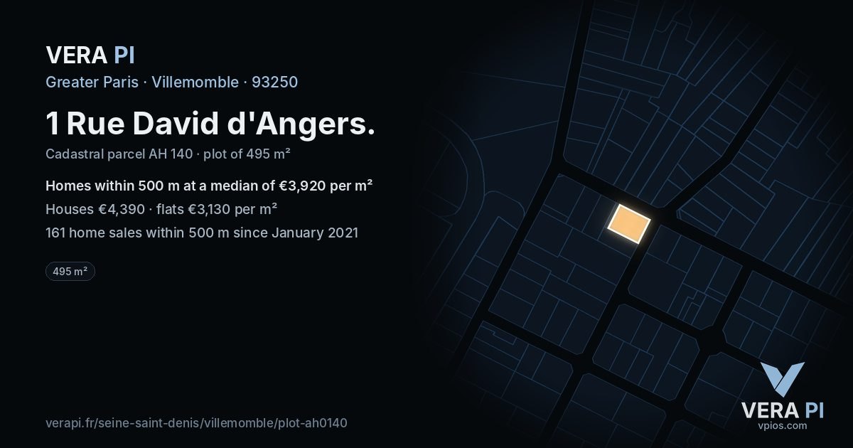 1 Rue David d'Angers, Villemomble at night – the plot lit, the parcels around coloured by the prices near them