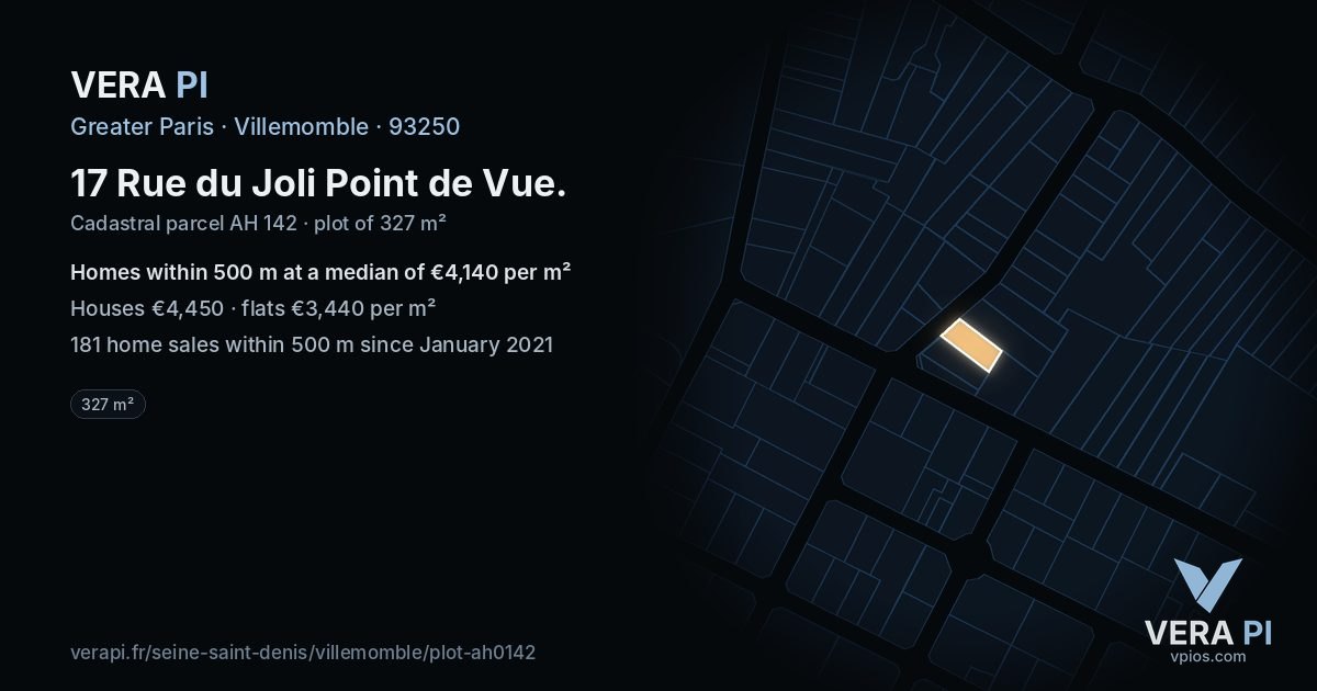 17 Rue du Joli Point de Vue, Villemomble at night – the plot lit, the parcels around coloured by the prices near them