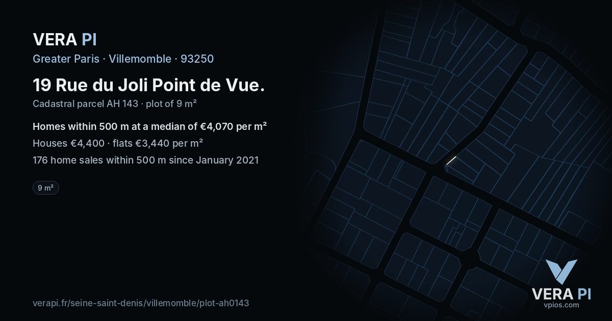 19 Rue du Joli Point de Vue, Villemomble at night – the plot lit, the parcels around coloured by the prices near them