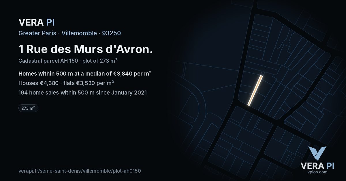 1 Rue des Murs d'Avron, Villemomble at night – the plot lit, the parcels around coloured by the prices near them