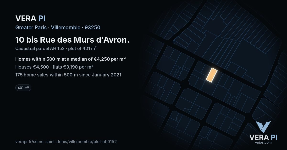 10 bis Rue des Murs d'Avron, Villemomble at night – the plot lit, the parcels around coloured by the prices near them
