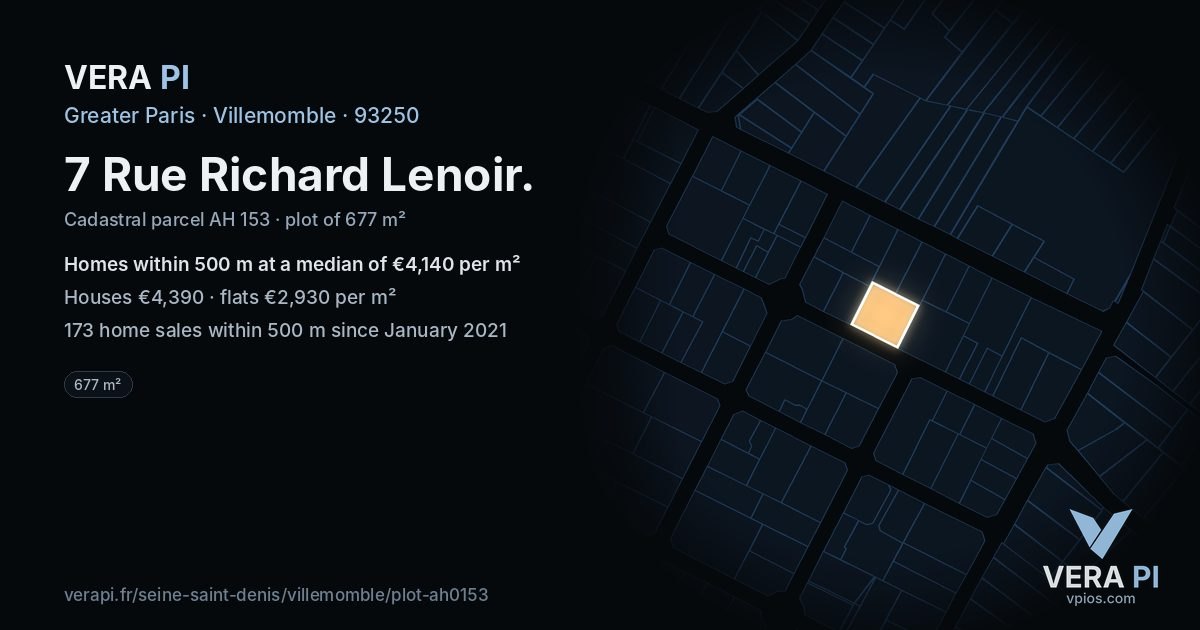 7 Rue Richard Lenoir, Villemomble at night – the plot lit, the parcels around coloured by the prices near them