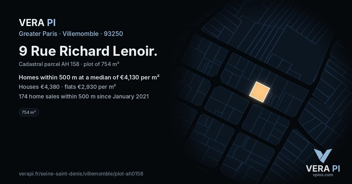 9 Rue Richard Lenoir, Villemomble at night – the plot lit, the parcels around coloured by the prices near them