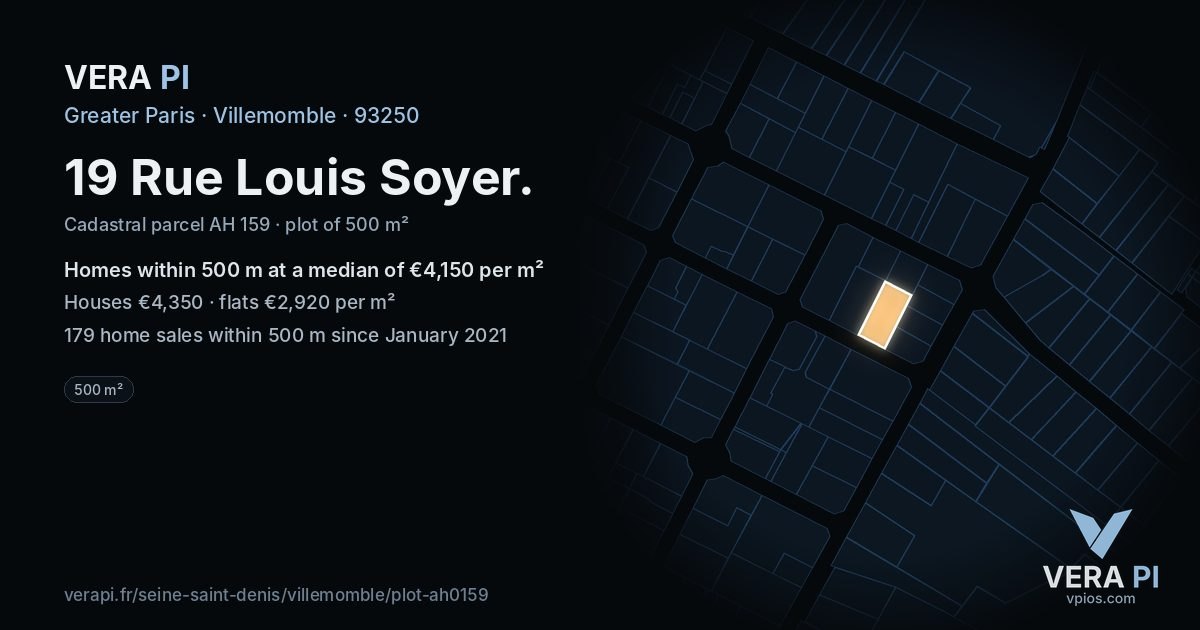 19 Rue Louis Soyer, Villemomble at night – the plot lit, the parcels around coloured by the prices near them