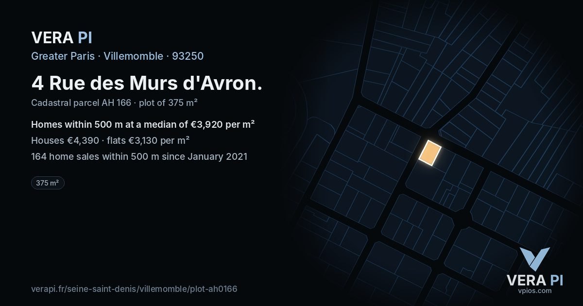 4 Rue des Murs d'Avron, Villemomble at night – the plot lit, the parcels around coloured by the prices near them