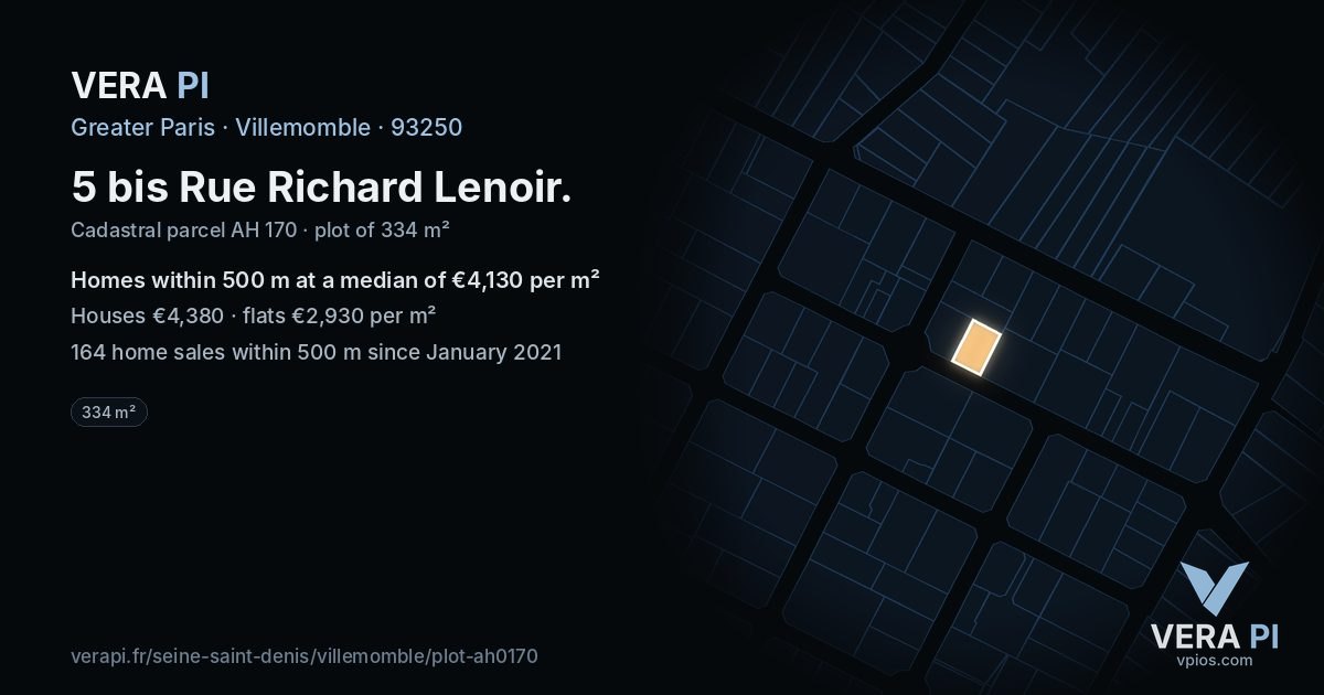 5 bis Rue Richard Lenoir, Villemomble at night – the plot lit, the parcels around coloured by the prices near them