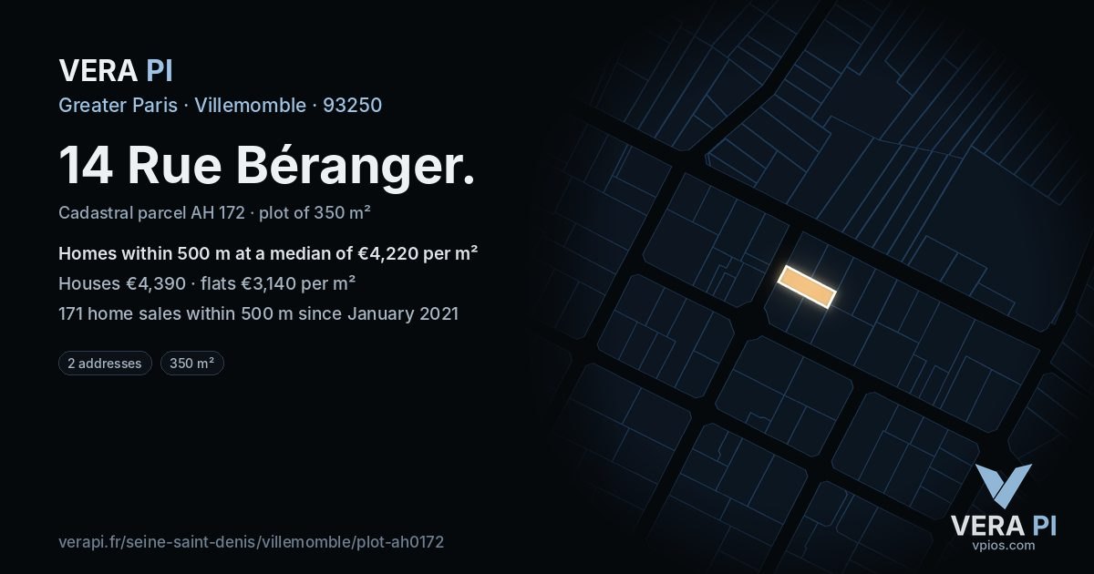 14 Rue Béranger, Villemomble at night – the plot lit, the parcels around coloured by the prices near them