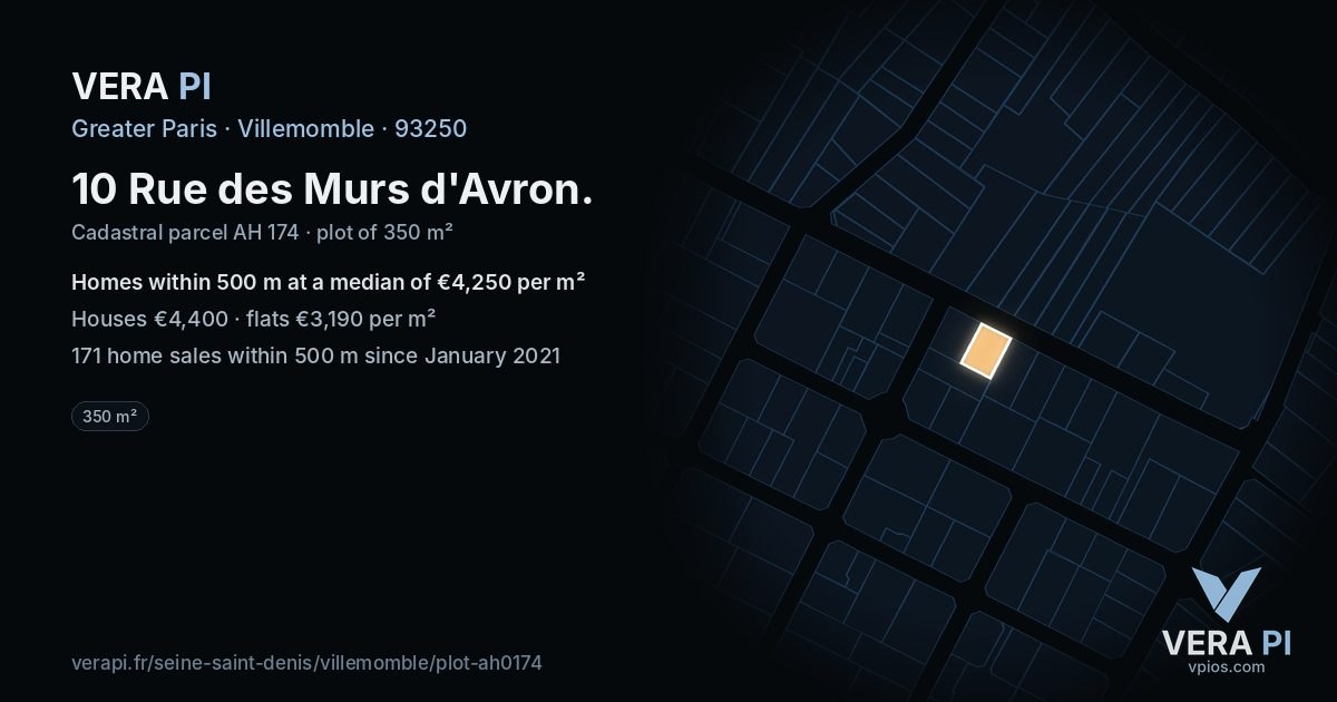 10 Rue des Murs d'Avron, Villemomble at night – the plot lit, the parcels around coloured by the prices near them