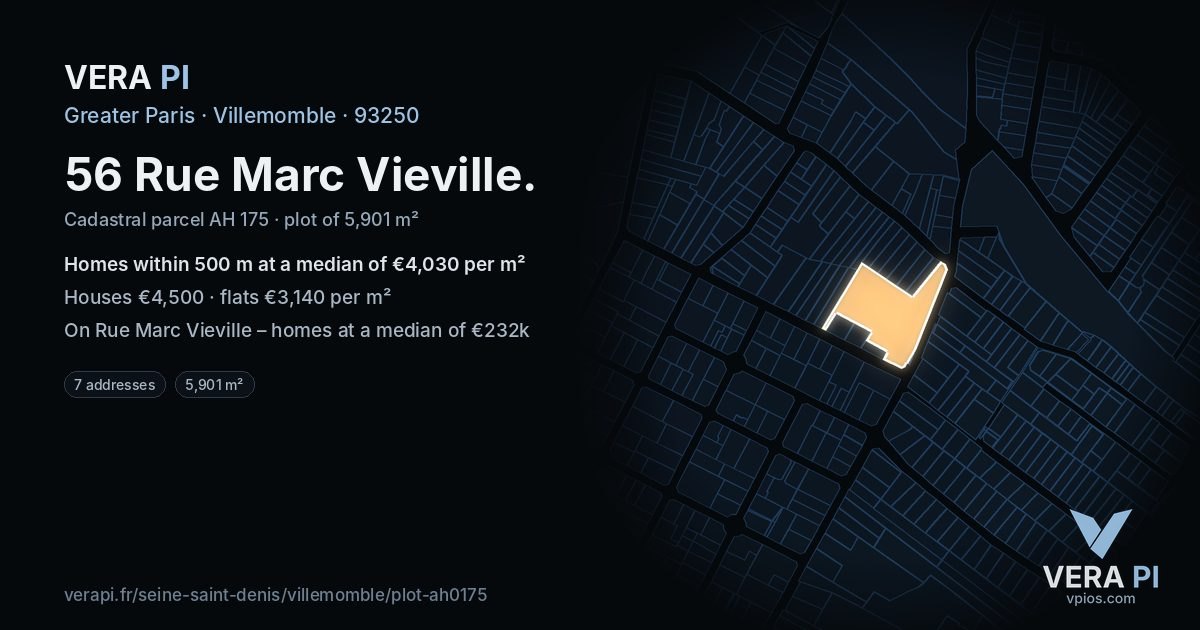 56 Rue Marc Vieville, Villemomble at night – the plot lit, the parcels around coloured by the prices near them