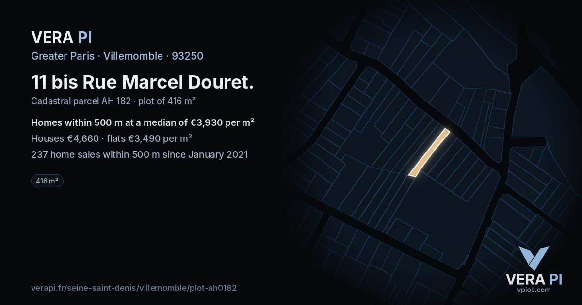 11 bis Rue Marcel Douret, Villemomble at night – the plot lit, the parcels around coloured by the prices near them