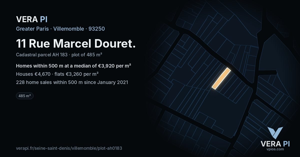 11 Rue Marcel Douret, Villemomble at night – the plot lit, the parcels around coloured by the prices near them