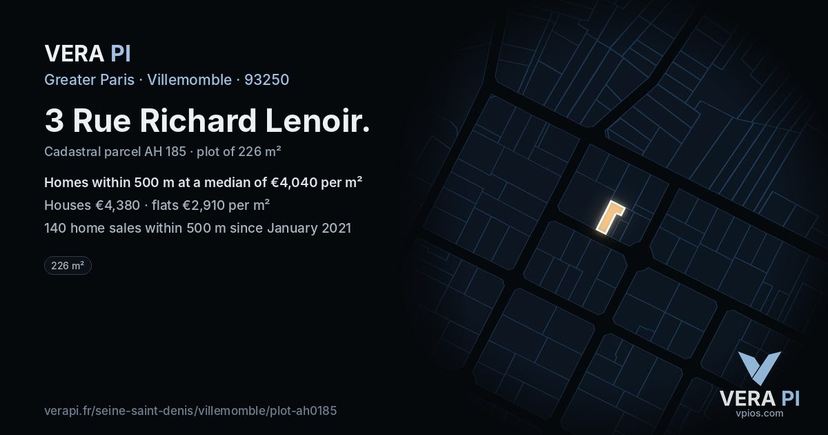 3 Rue Richard Lenoir, Villemomble at night – the plot lit, the parcels around coloured by the prices near them