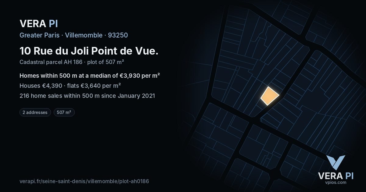 10 Rue du Joli Point de Vue, Villemomble at night – the plot lit, the parcels around coloured by the prices near them