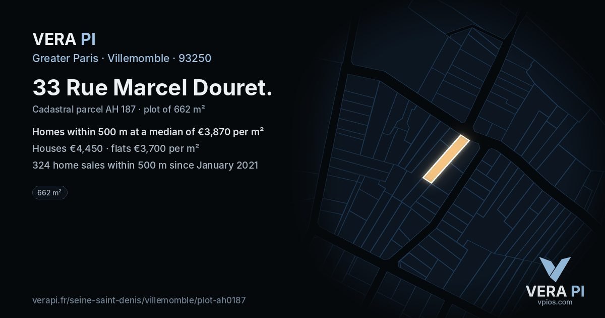33 Rue Marcel Douret, Villemomble at night – the plot lit, the parcels around coloured by the prices near them