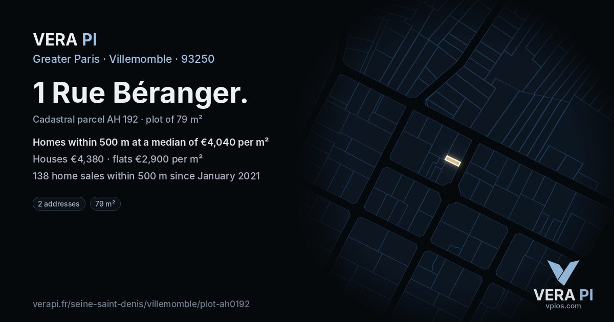 1 Rue Béranger, Villemomble at night – the plot lit, the parcels around coloured by the prices near them