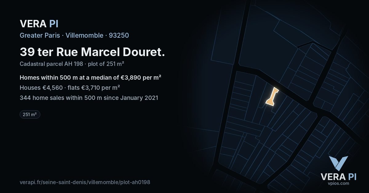 39 ter Rue Marcel Douret, Villemomble at night – the plot lit, the parcels around coloured by the prices near them