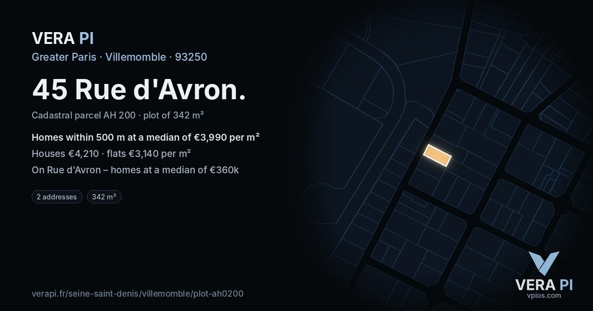 45 Rue d'Avron, Villemomble at night – the plot lit, the parcels around coloured by the prices near them