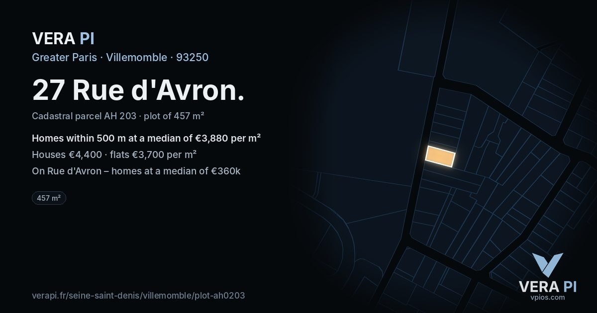 27 Rue d'Avron, Villemomble at night – the plot lit, the parcels around coloured by the prices near them