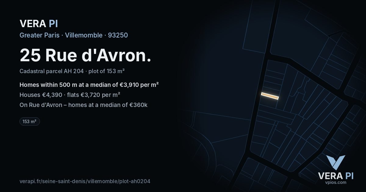 25 Rue d'Avron, Villemomble at night – the plot lit, the parcels around coloured by the prices near them