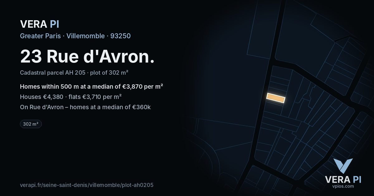 23 Rue d'Avron, Villemomble at night – the plot lit, the parcels around coloured by the prices near them