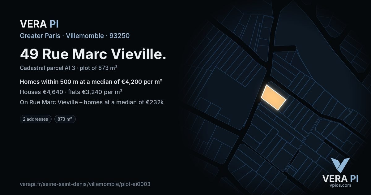 49 Rue Marc Vieville, Villemomble at night – the plot lit, the parcels around coloured by the prices near them