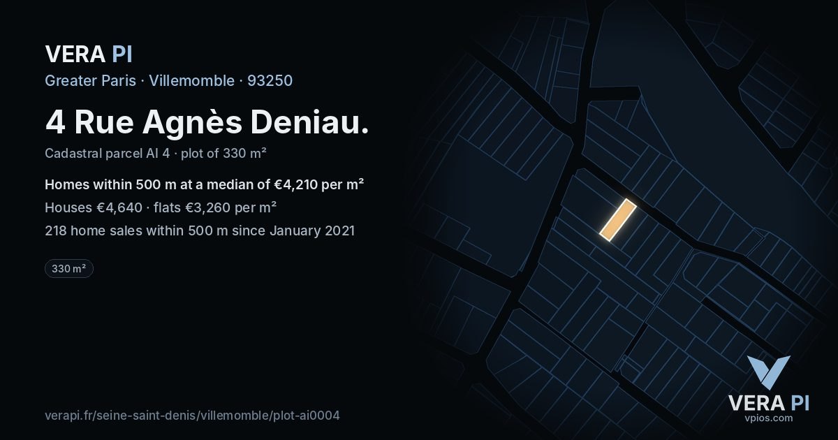 4 Rue Agnès Deniau, Villemomble at night – the plot lit, the parcels around coloured by the prices near them