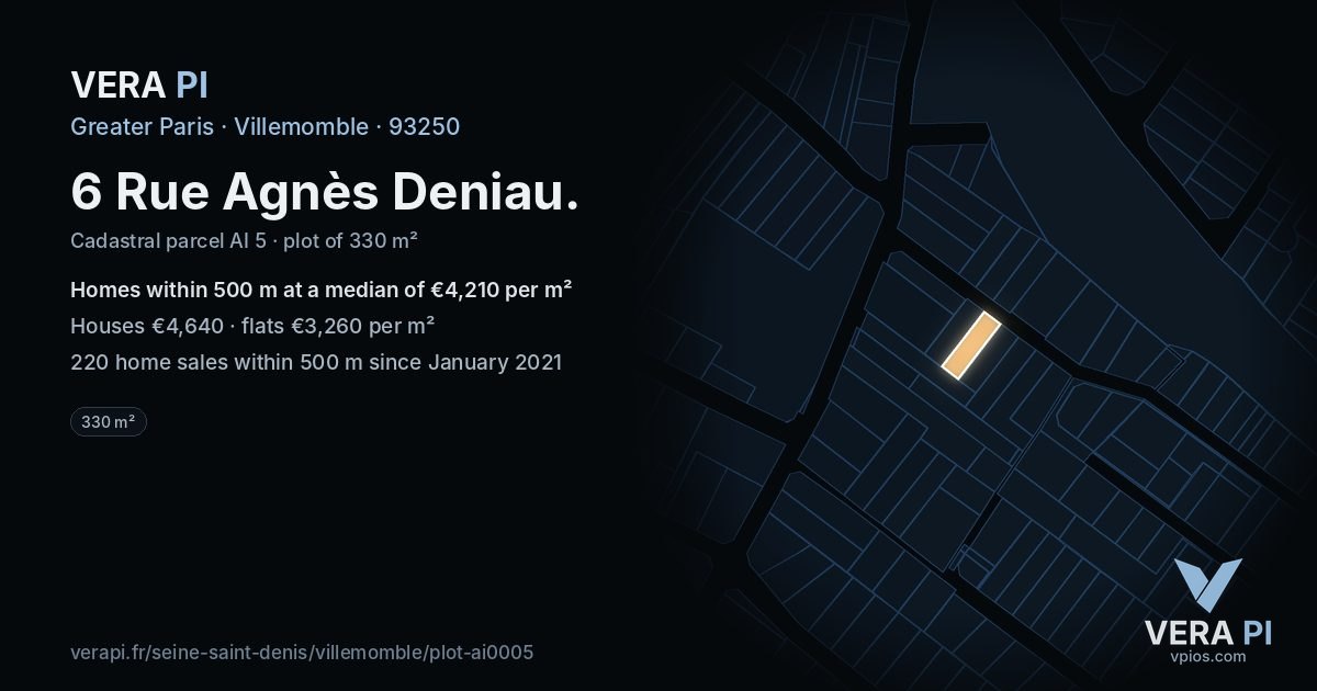 6 Rue Agnès Deniau, Villemomble at night – the plot lit, the parcels around coloured by the prices near them