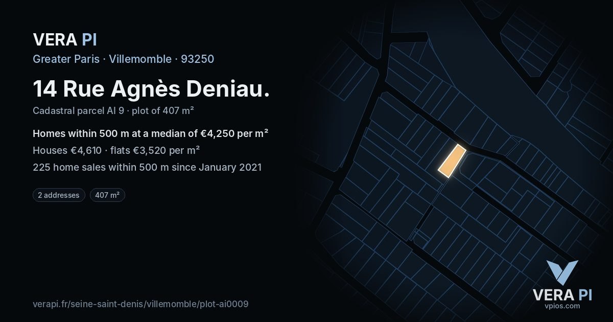 14 Rue Agnès Deniau, Villemomble at night – the plot lit, the parcels around coloured by the prices near them