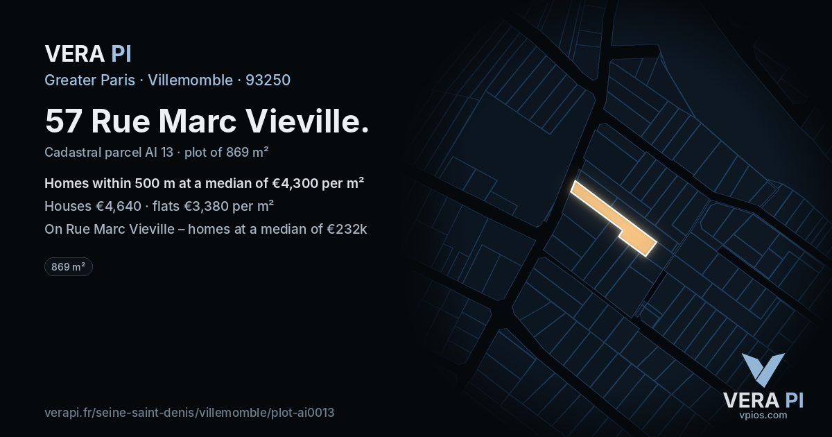 57 Rue Marc Vieville, Villemomble at night – the plot lit, the parcels around coloured by the prices near them