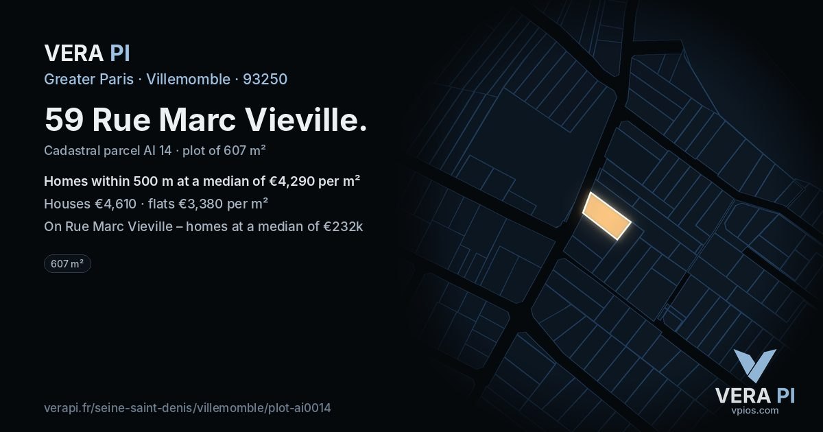 59 Rue Marc Vieville, Villemomble at night – the plot lit, the parcels around coloured by the prices near them